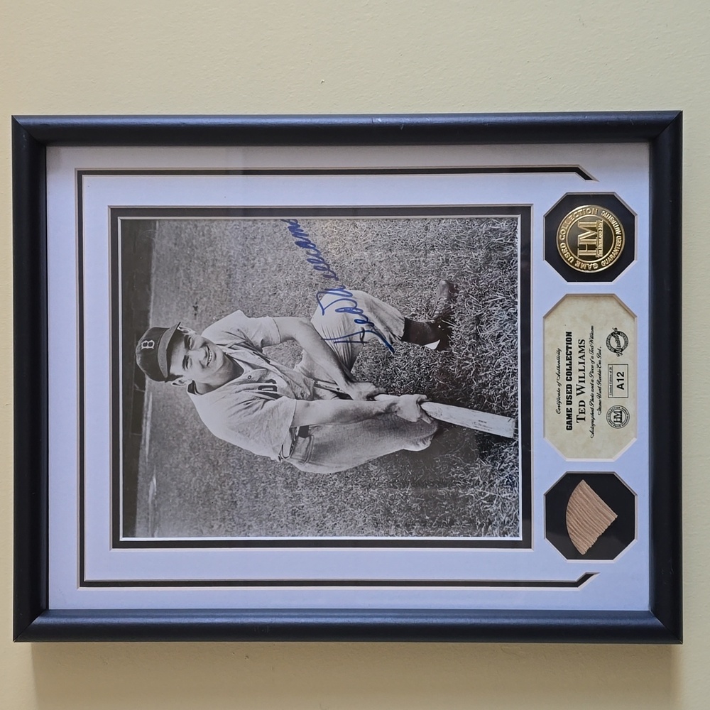 Ted Williams Autograph Framed Picture Slice of Game Used Bat Coin Highland Mint